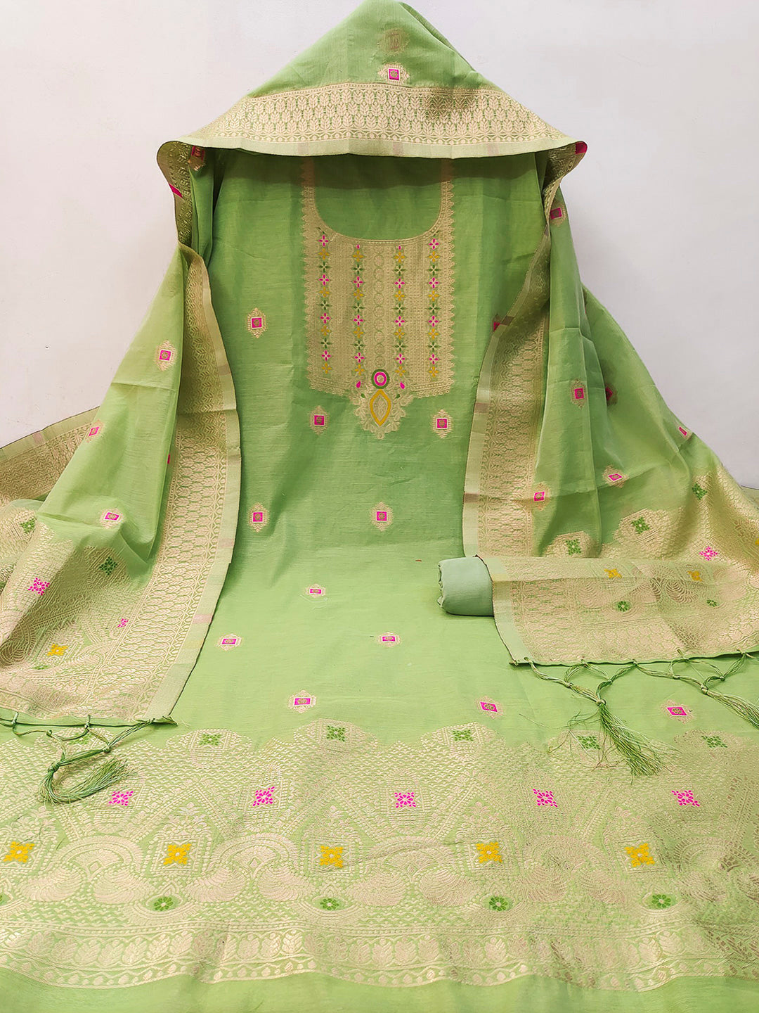 Pista-Green Pure Banarasi Chanderi Woven Design Unstitched Dress Material