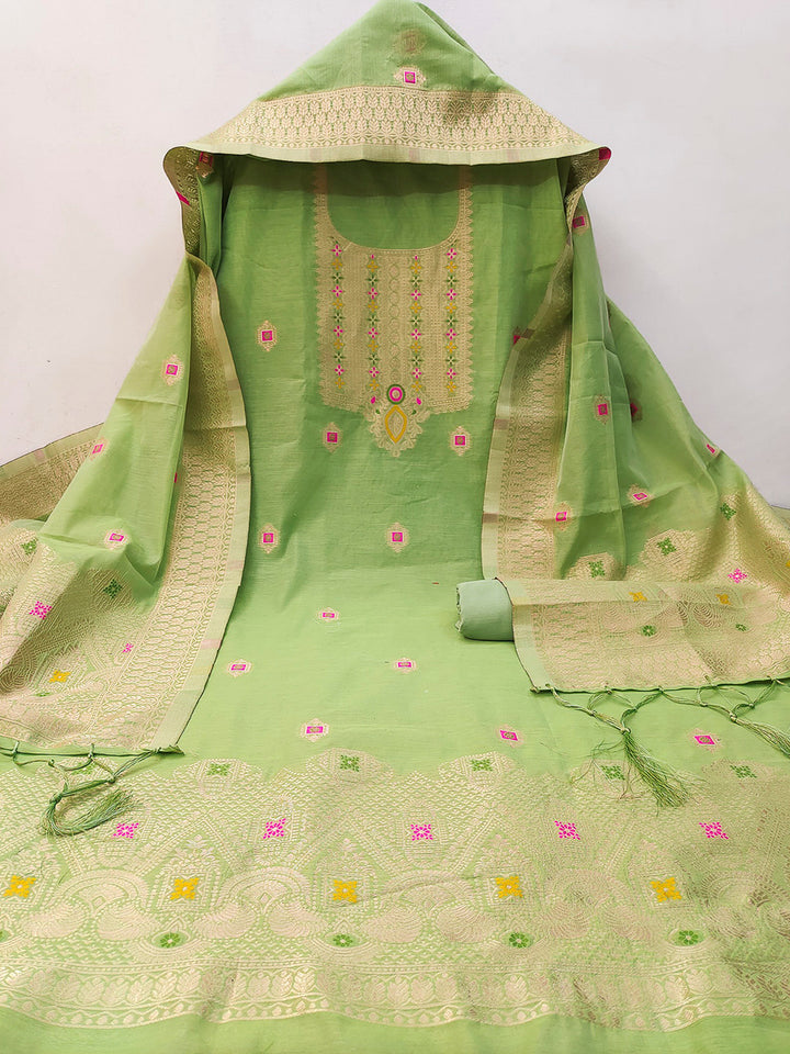 Pista-Green Pure Banarasi Chanderi Woven Design Unstitched Dress Material