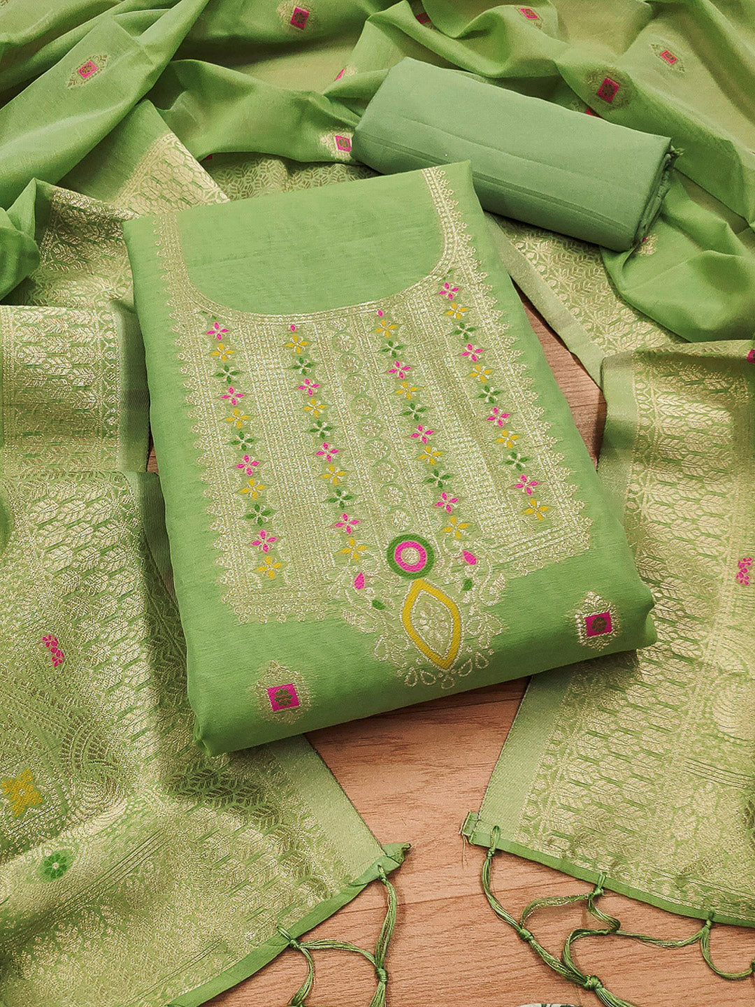 Pista-Green Pure Banarasi Chanderi Woven Design Unstitched Dress Material