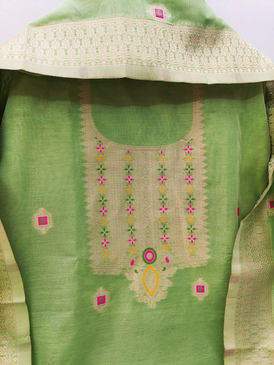 Pista-Green Pure Banarasi Chanderi Woven Design Unstitched Dress Material