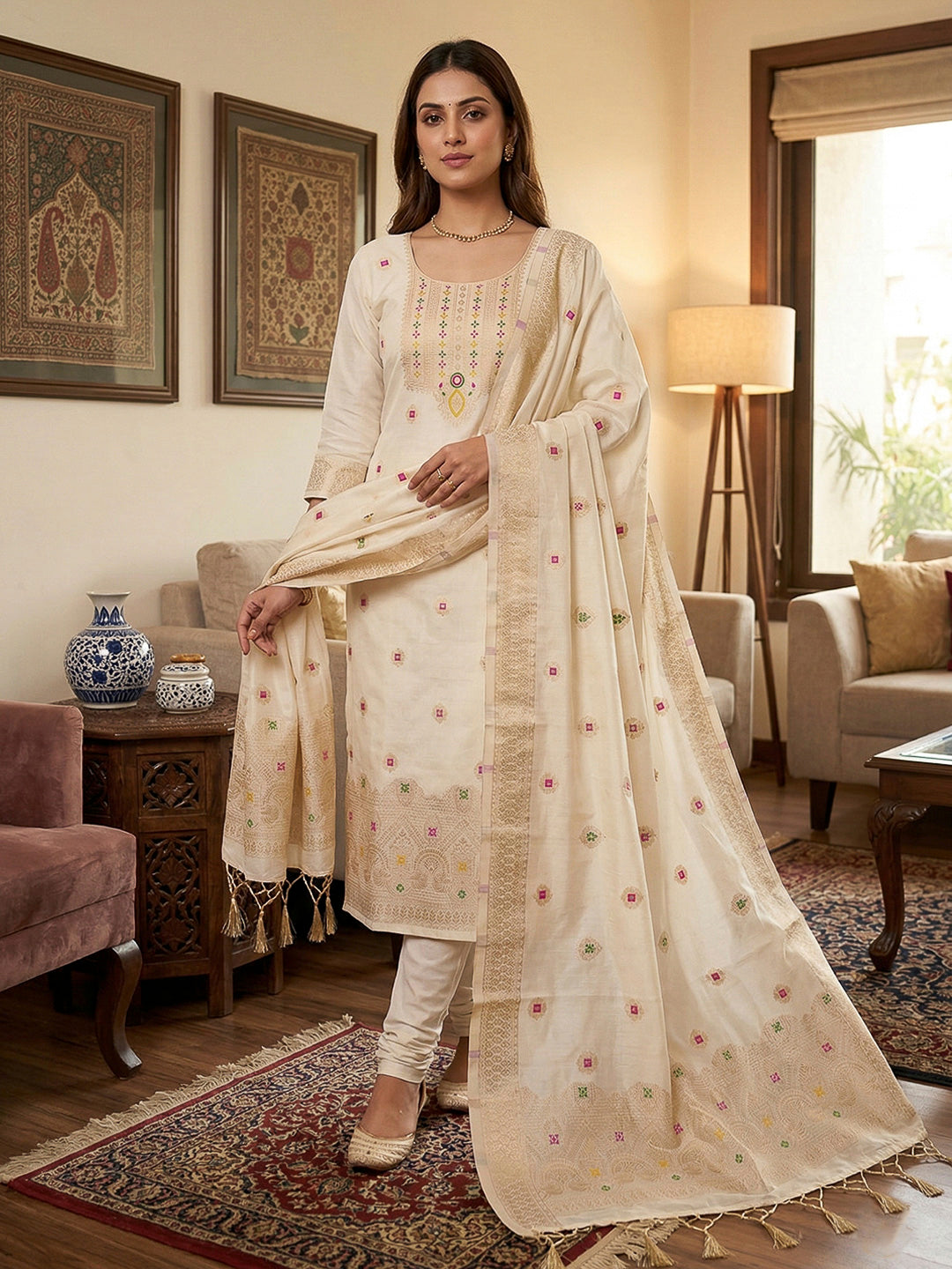 White Pure Banarasi Chanderi Woven Design Unstitched Dress Material