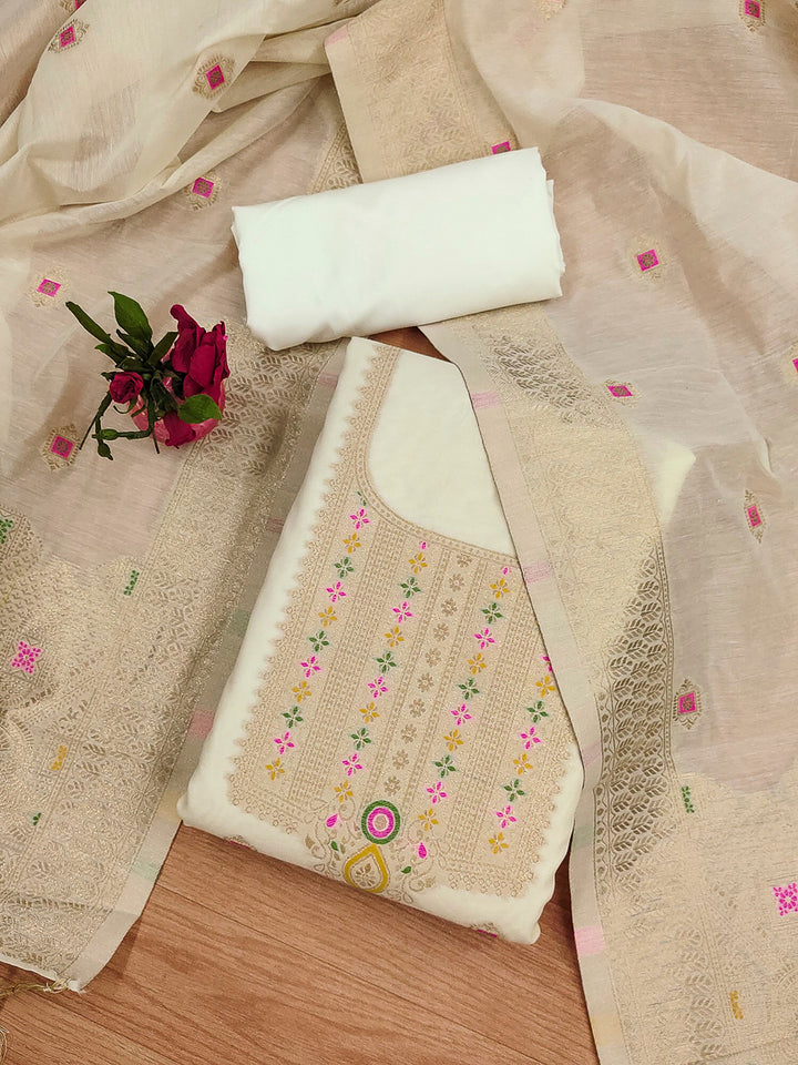 White Pure Banarasi Chanderi Woven Design Unstitched Dress Material