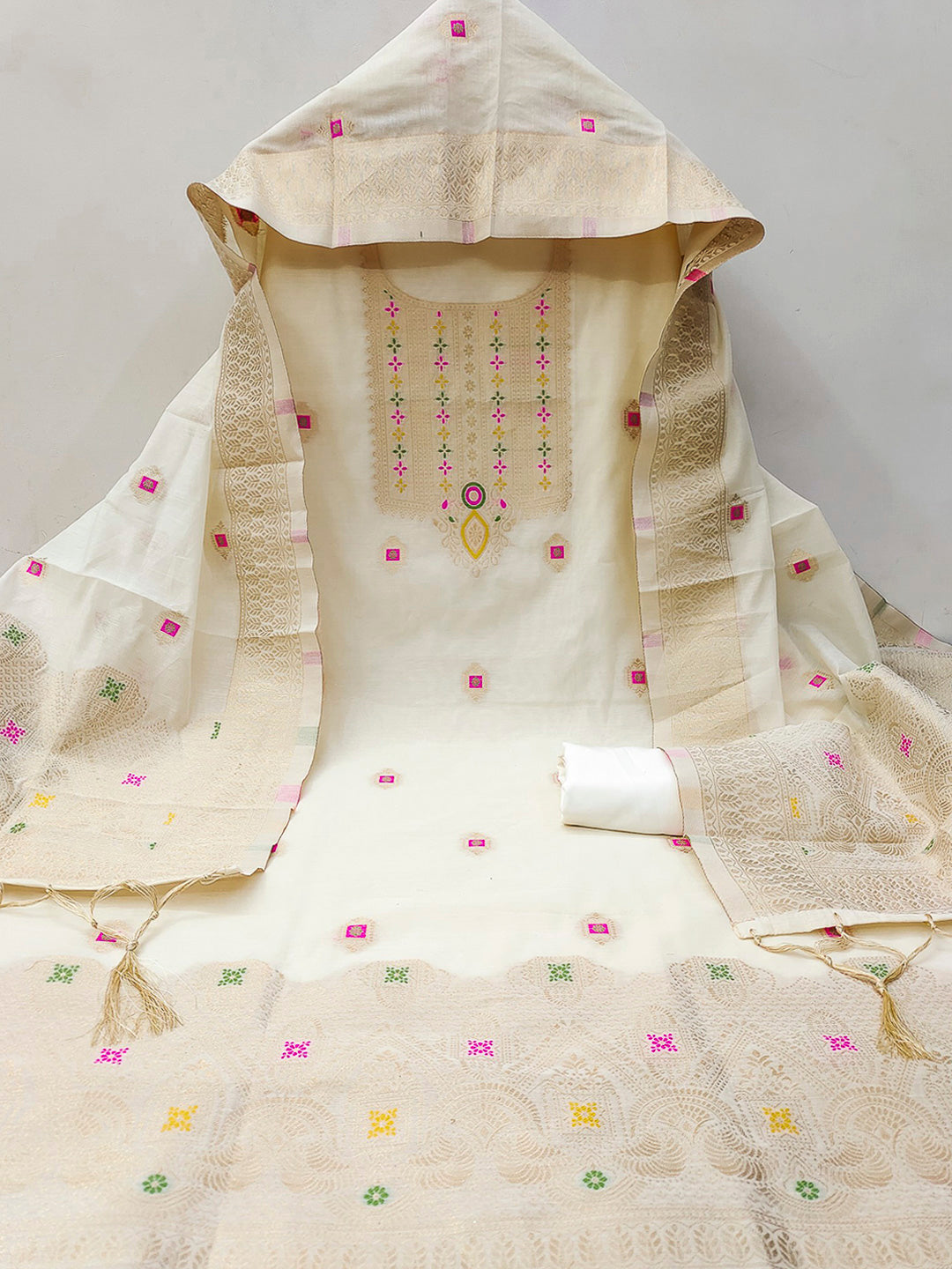 White Pure Banarasi Chanderi Woven Design Unstitched Dress Material