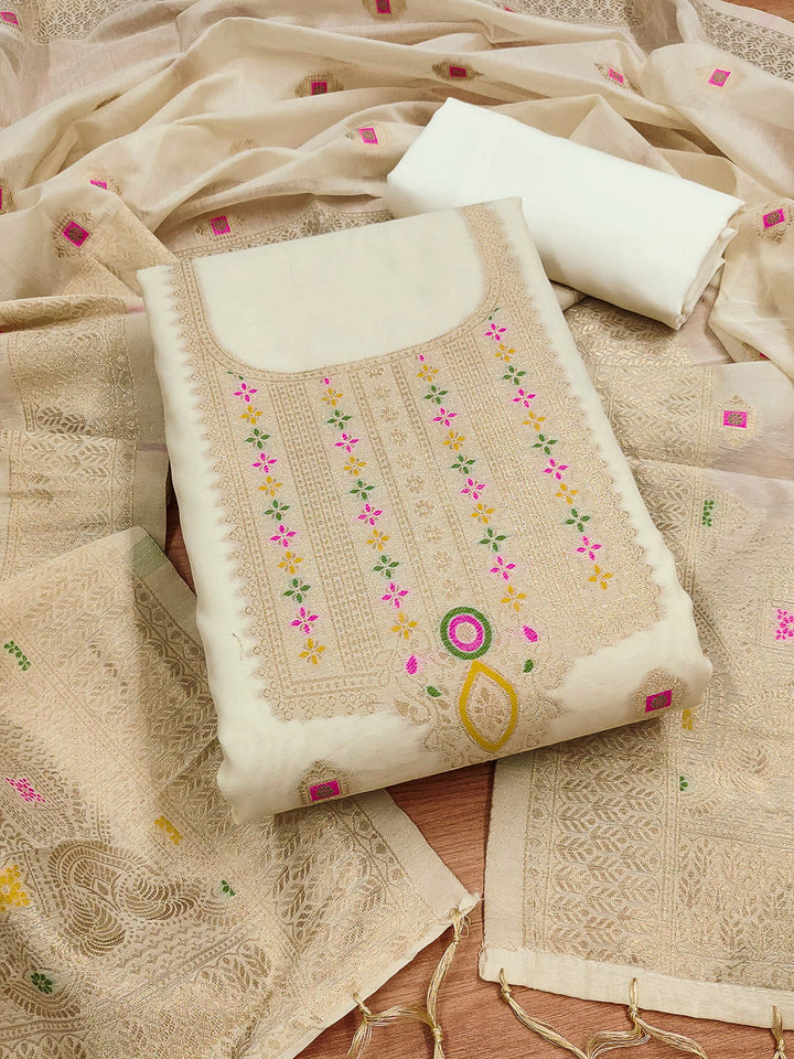 White Pure Banarasi Chanderi Woven Design Unstitched Dress Material