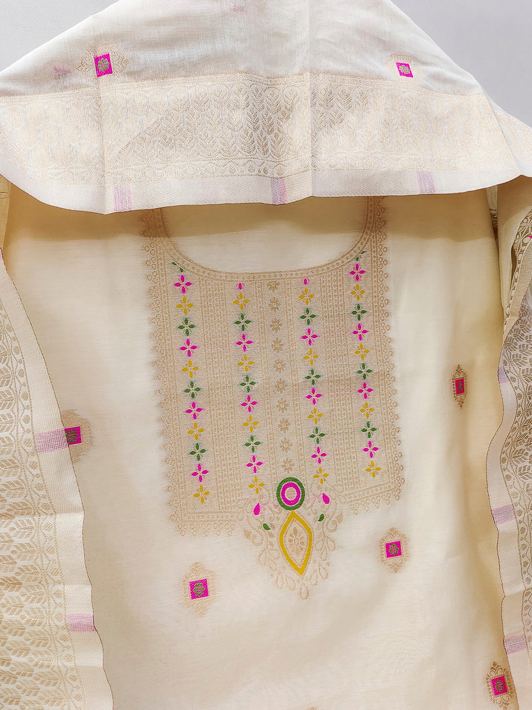White Pure Banarasi Chanderi Woven Design Unstitched Dress Material