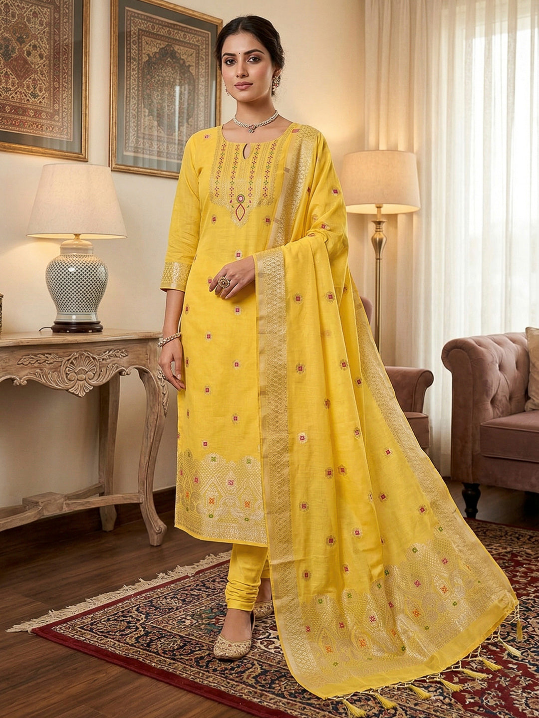 Yellow Pure Banarasi Chanderi Woven Design Unstitched Dress Material