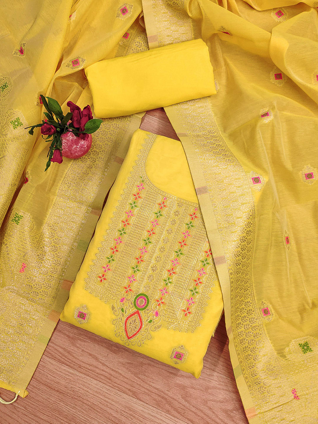 Yellow Pure Banarasi Chanderi Woven Design Unstitched Dress Material