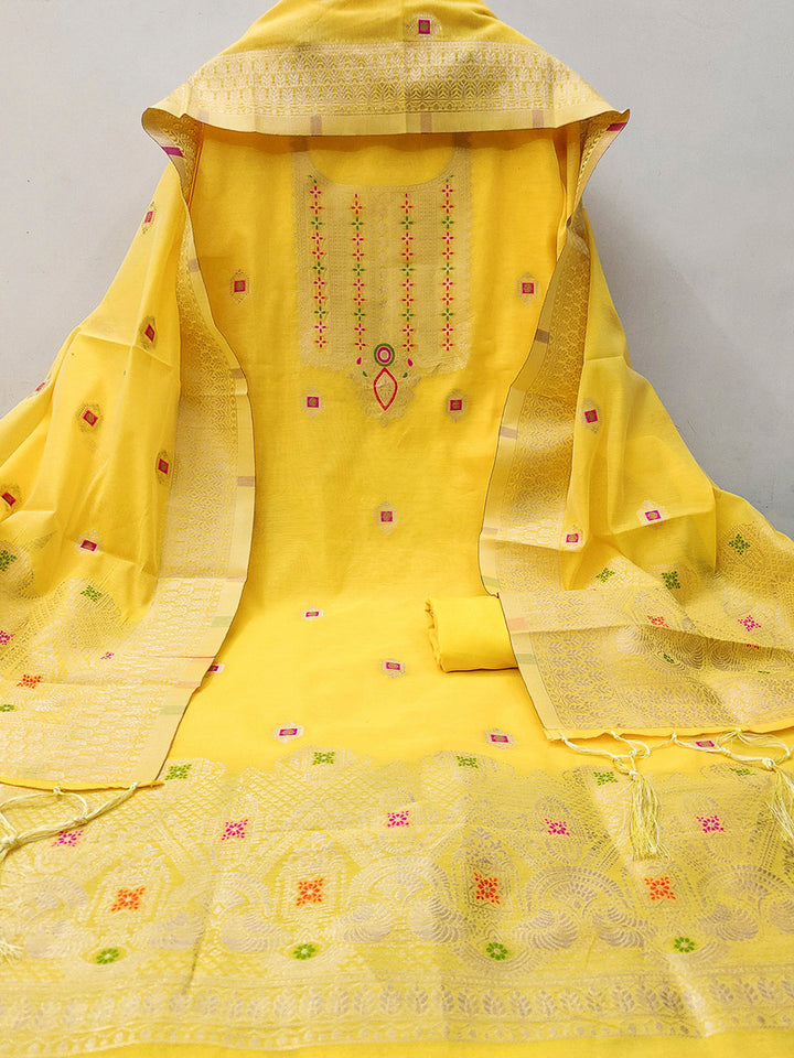 Yellow Pure Banarasi Chanderi Woven Design Unstitched Dress Material