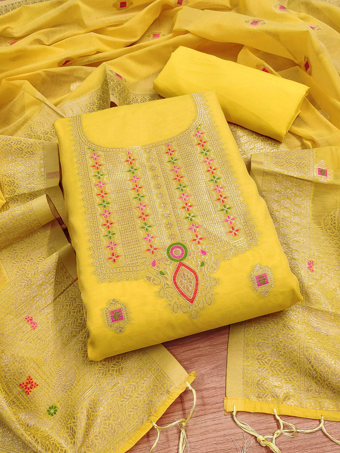 Yellow Pure Banarasi Chanderi Woven Design Unstitched Dress Material