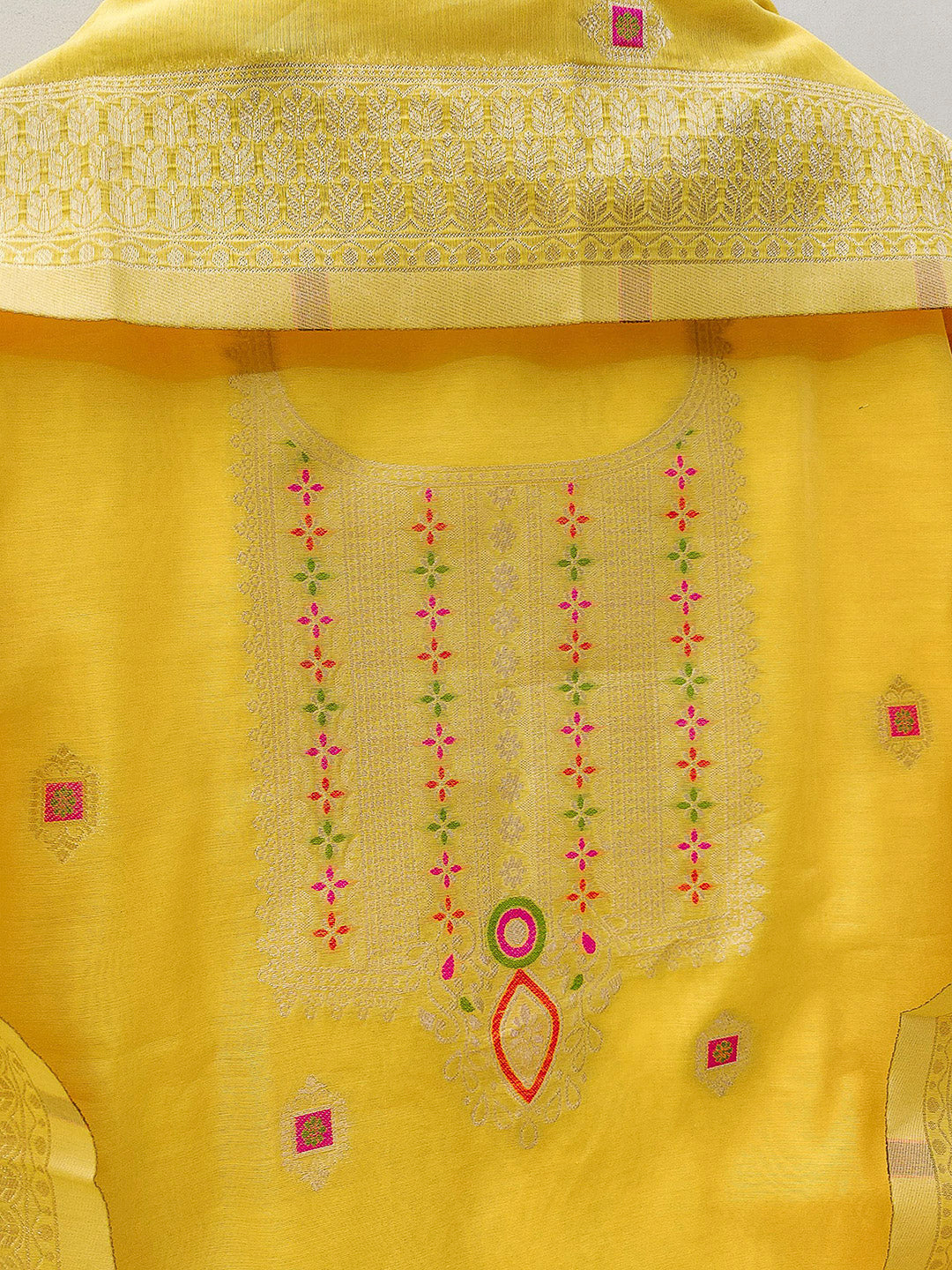 Yellow Pure Banarasi Chanderi Woven Design Unstitched Dress Material