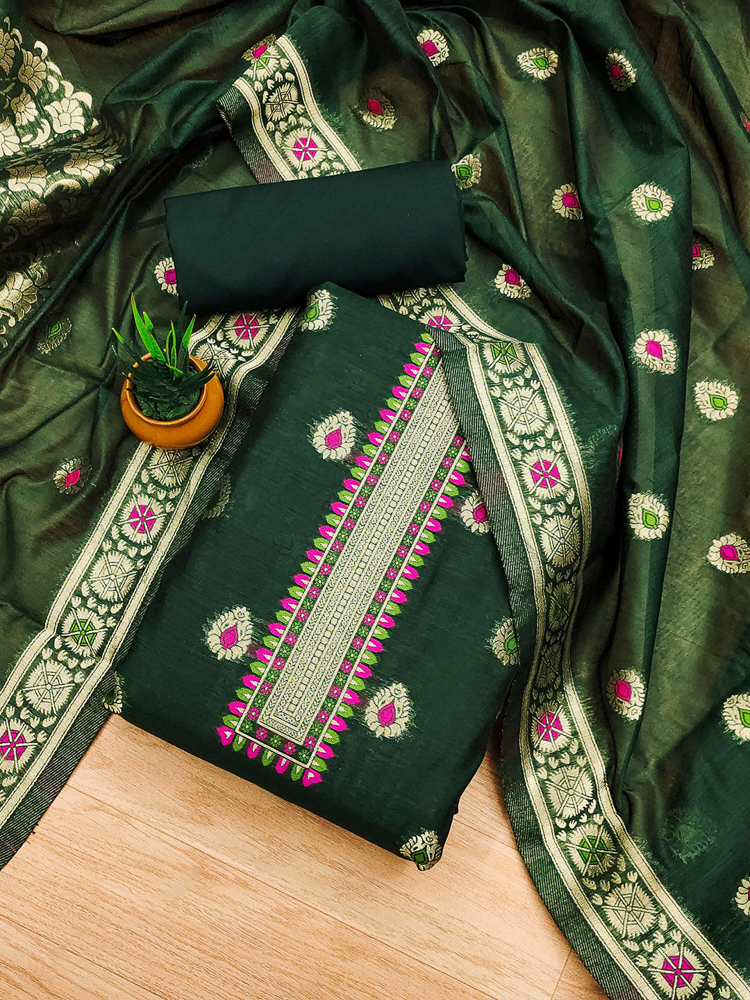 Bottle-Green Pure Banarasi Chanderi Woven Design Unstitched Dress Material