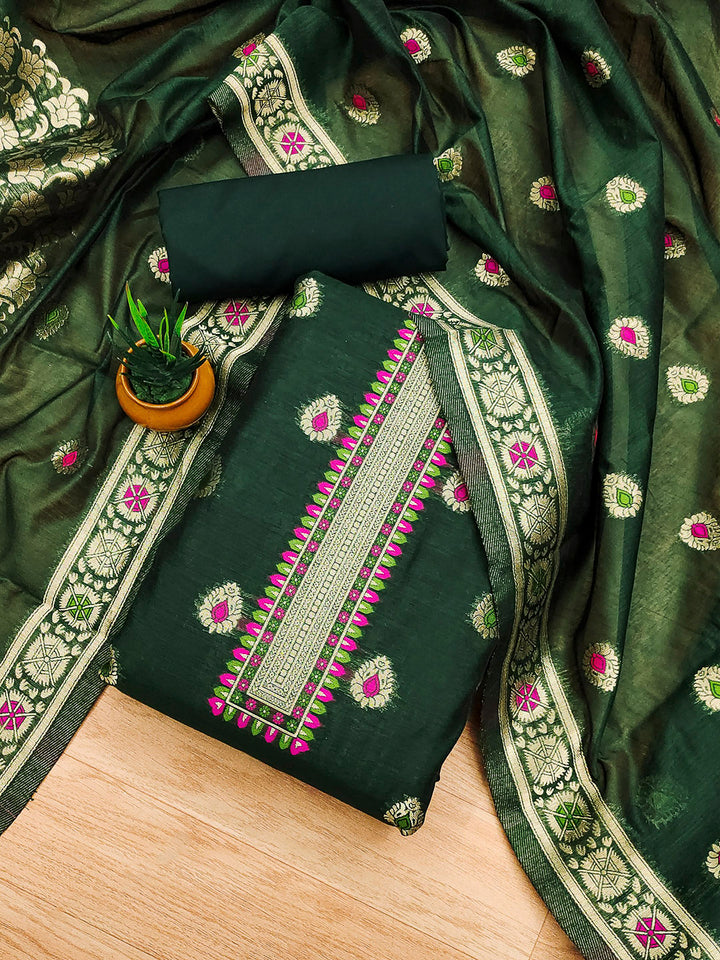 Bottle-Green Pure Banarasi Chanderi Woven Design Unstitched Dress Material