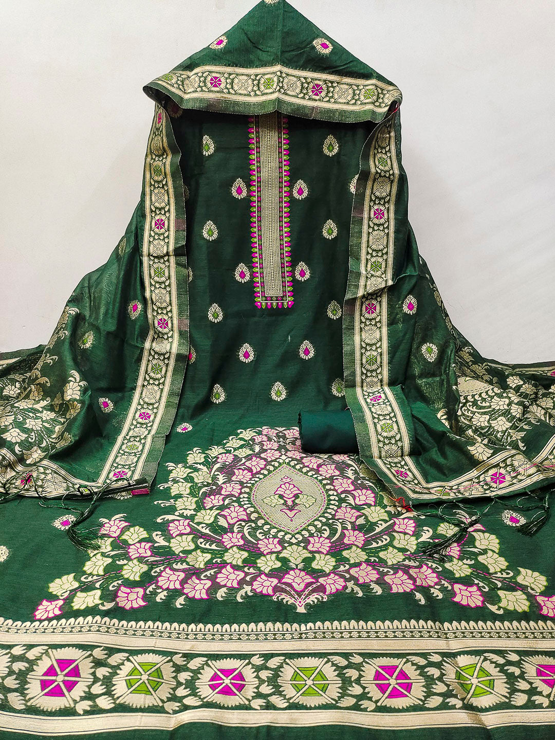 Bottle-Green Pure Banarasi Chanderi Woven Design Unstitched Dress Material