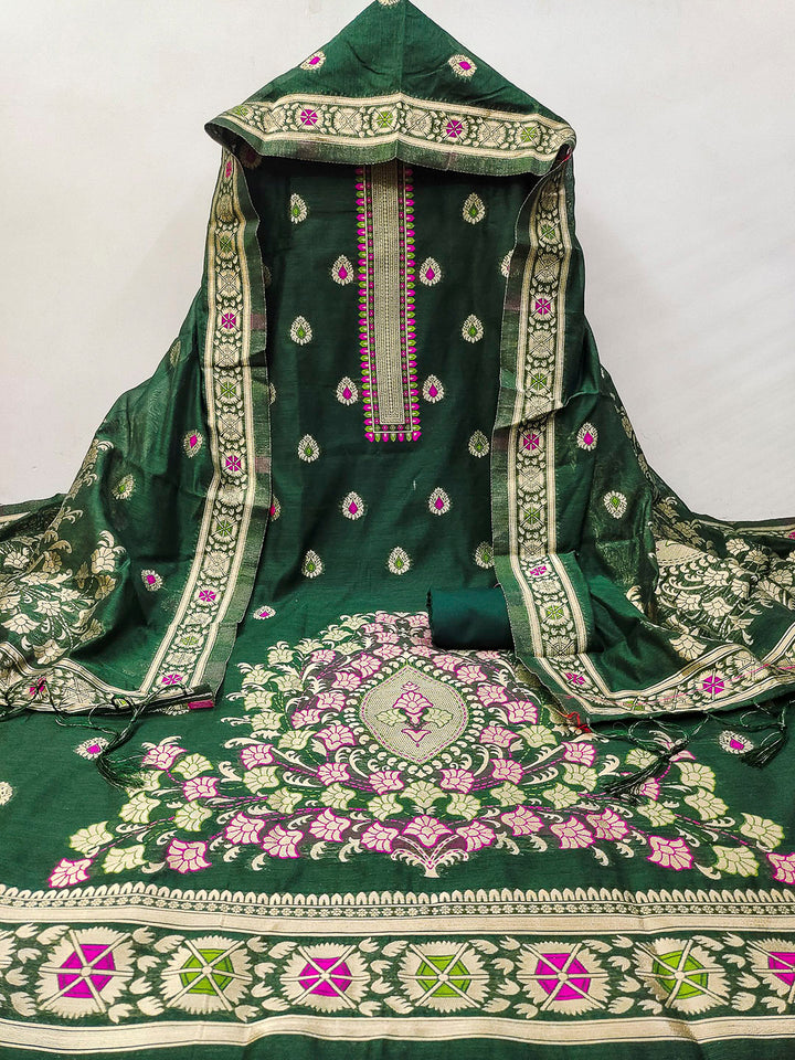 Bottle-Green Pure Banarasi Chanderi Woven Design Unstitched Dress Material