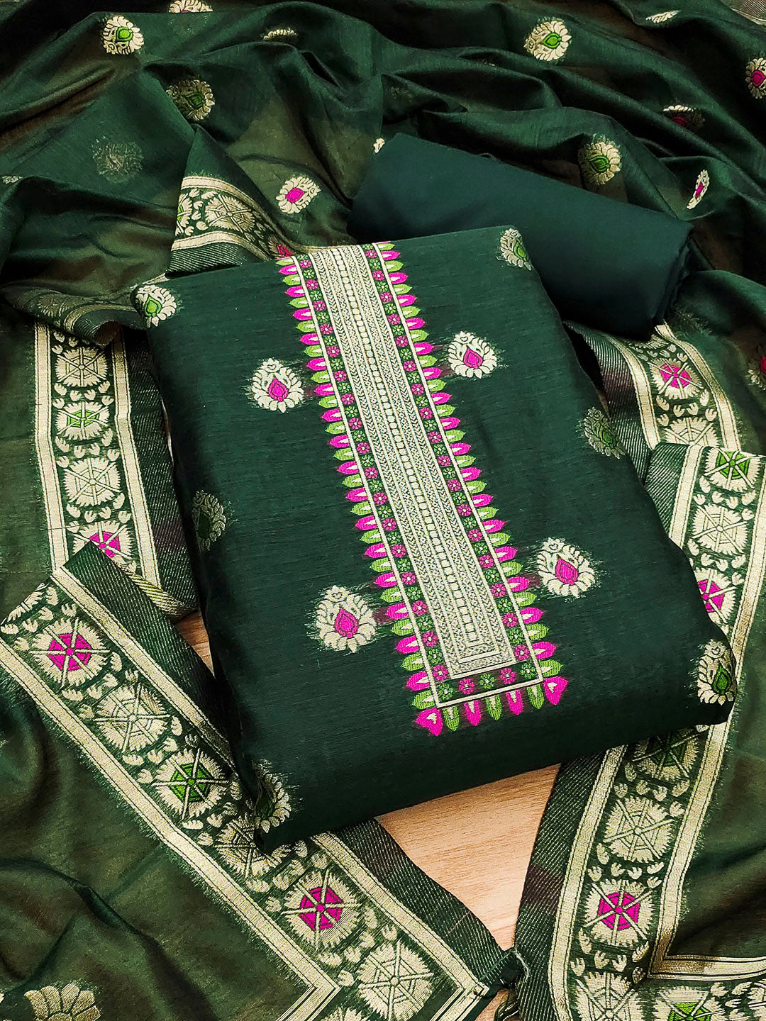 Bottle-Green Pure Banarasi Chanderi Woven Design Unstitched Dress Material
