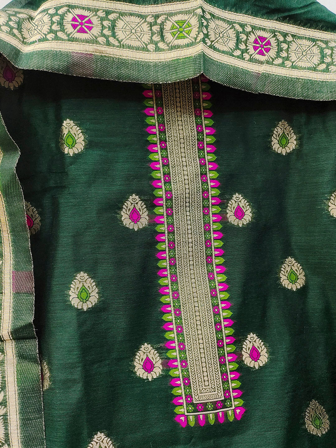 Bottle-Green Pure Banarasi Chanderi Woven Design Unstitched Dress Material