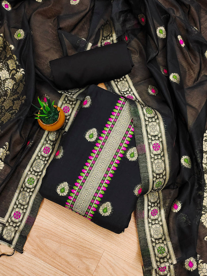 Black Pure Banarasi Chanderi Woven Design Unstitched Dress Material