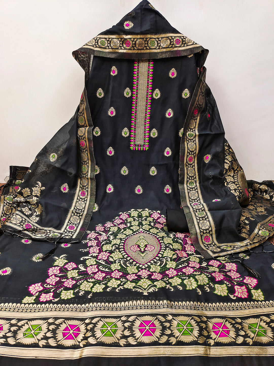 Black Pure Banarasi Chanderi Woven Design Unstitched Dress Material
