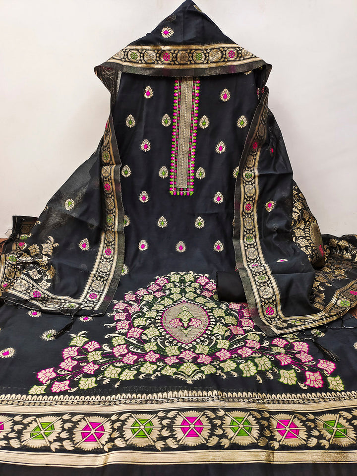 Black Pure Banarasi Chanderi Woven Design Unstitched Dress Material