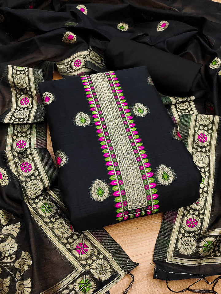 Black Pure Banarasi Chanderi Woven Design Unstitched Dress Material
