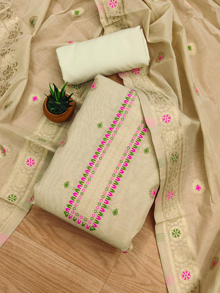Chikoo Pure Banarasi Chanderi Woven Design Unstitched Dress Material