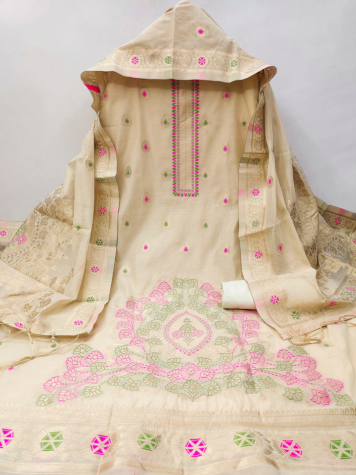 Chikoo Pure Banarasi Chanderi Woven Design Unstitched Dress Material