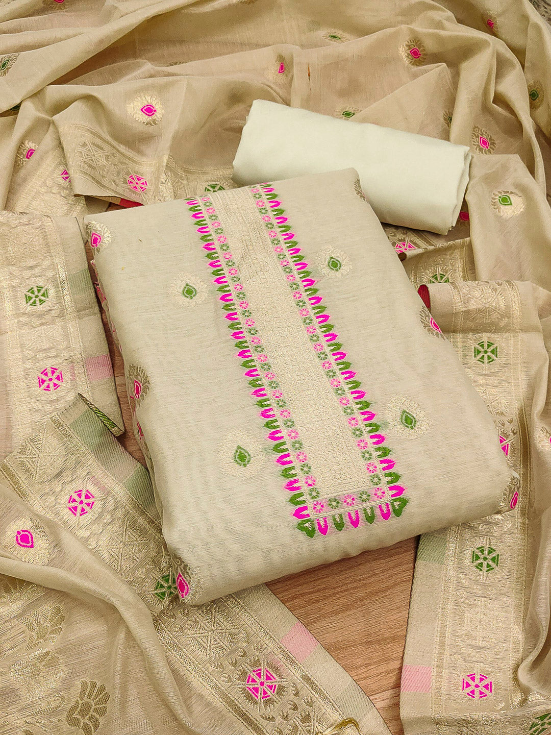 Chikoo Pure Banarasi Chanderi Woven Design Unstitched Dress Material