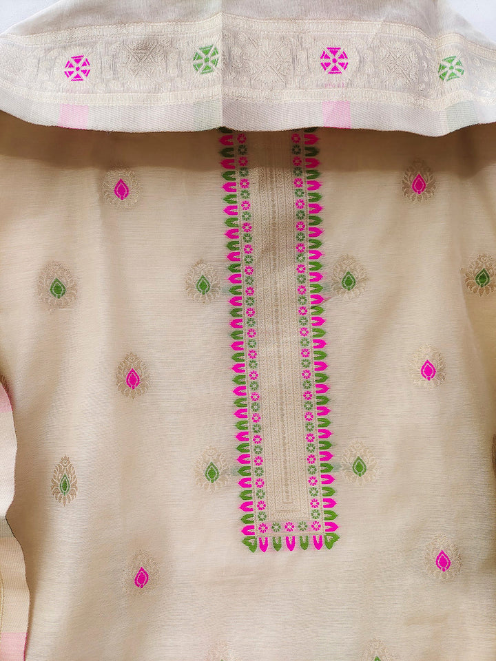 Chikoo Pure Banarasi Chanderi Woven Design Unstitched Dress Material