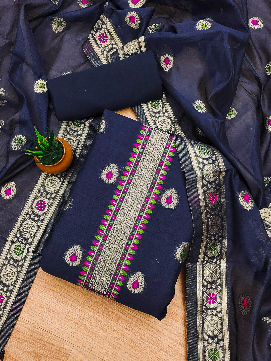 Navy-Blue Pure Banarasi Chanderi Woven Design Unstitched Dress Material