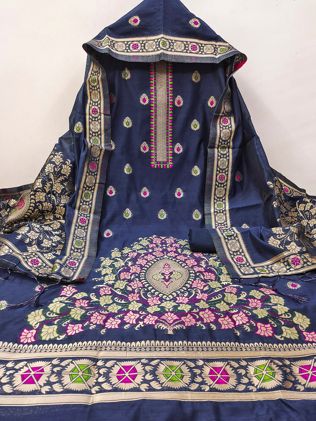 Navy-Blue Pure Banarasi Chanderi Woven Design Unstitched Dress Material
