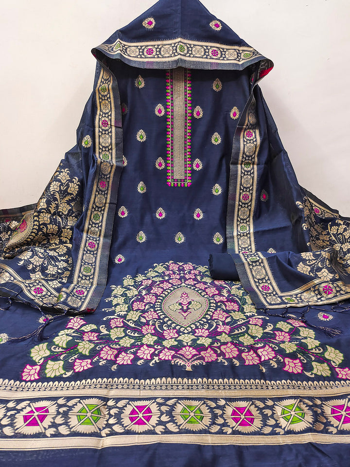 Navy-Blue Pure Banarasi Chanderi Woven Design Unstitched Dress Material