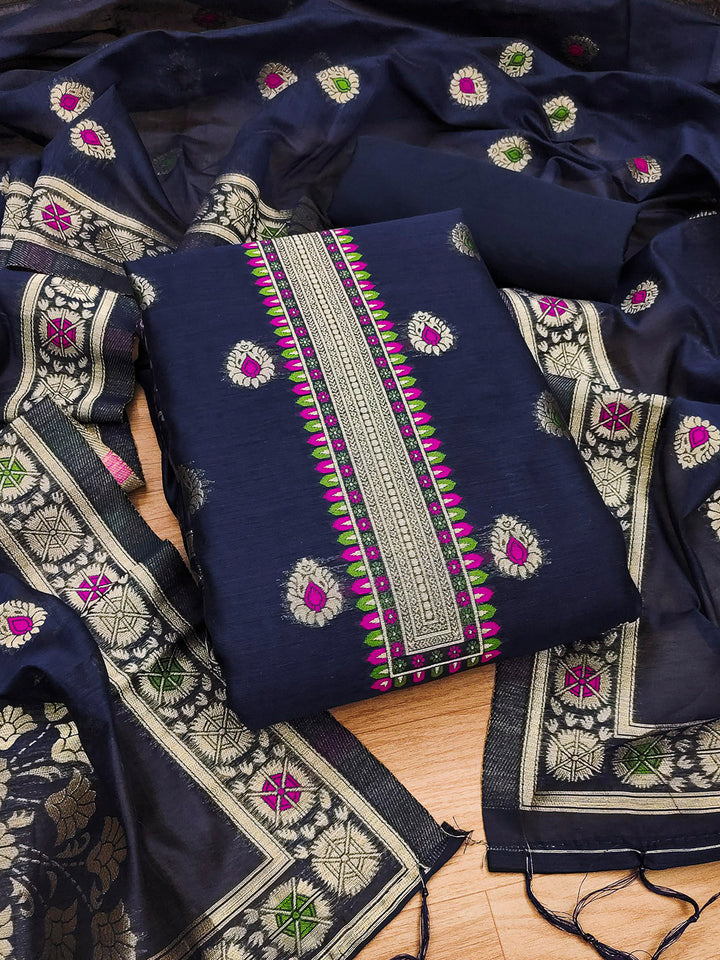 Navy-Blue Pure Banarasi Chanderi Woven Design Unstitched Dress Material