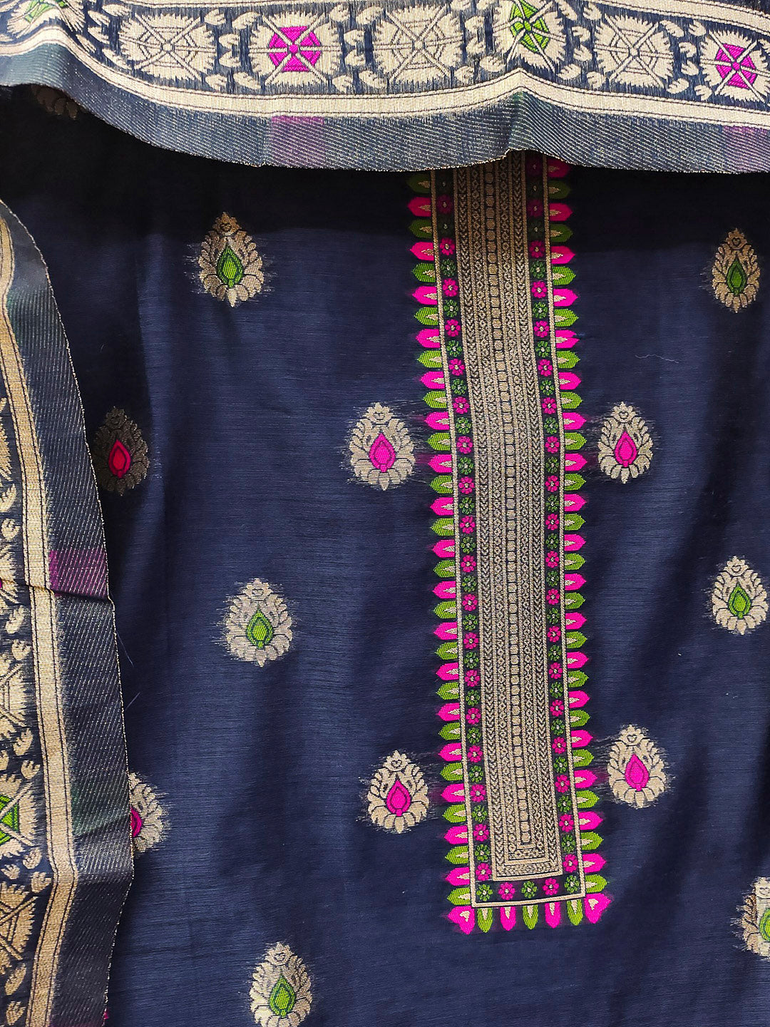 Navy-Blue Pure Banarasi Chanderi Woven Design Unstitched Dress Material