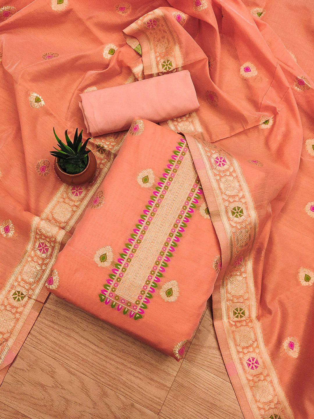 Peach Pure Banarasi Chanderi Woven Design Unstitched Dress Material