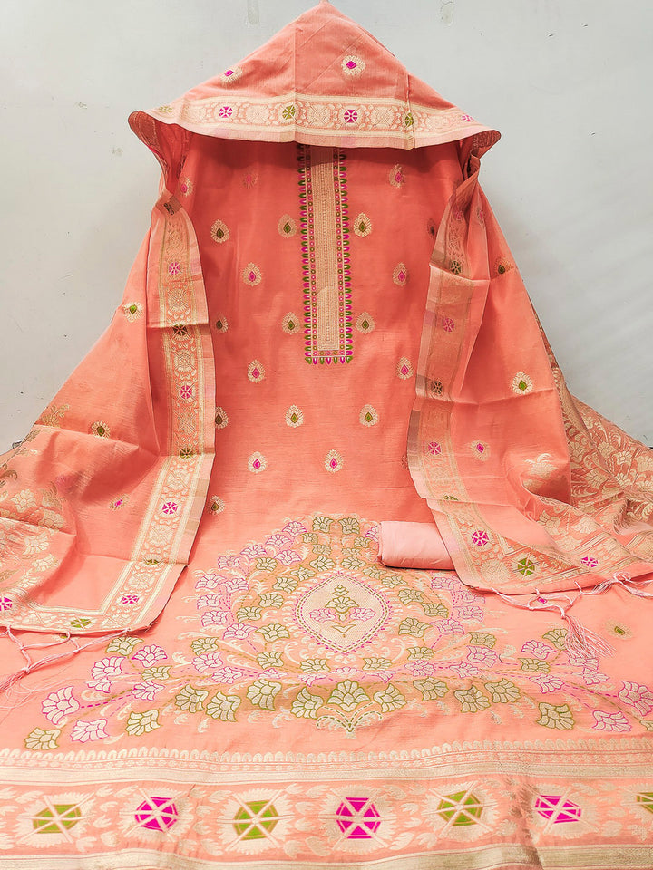 Peach Pure Banarasi Chanderi Woven Design Unstitched Dress Material