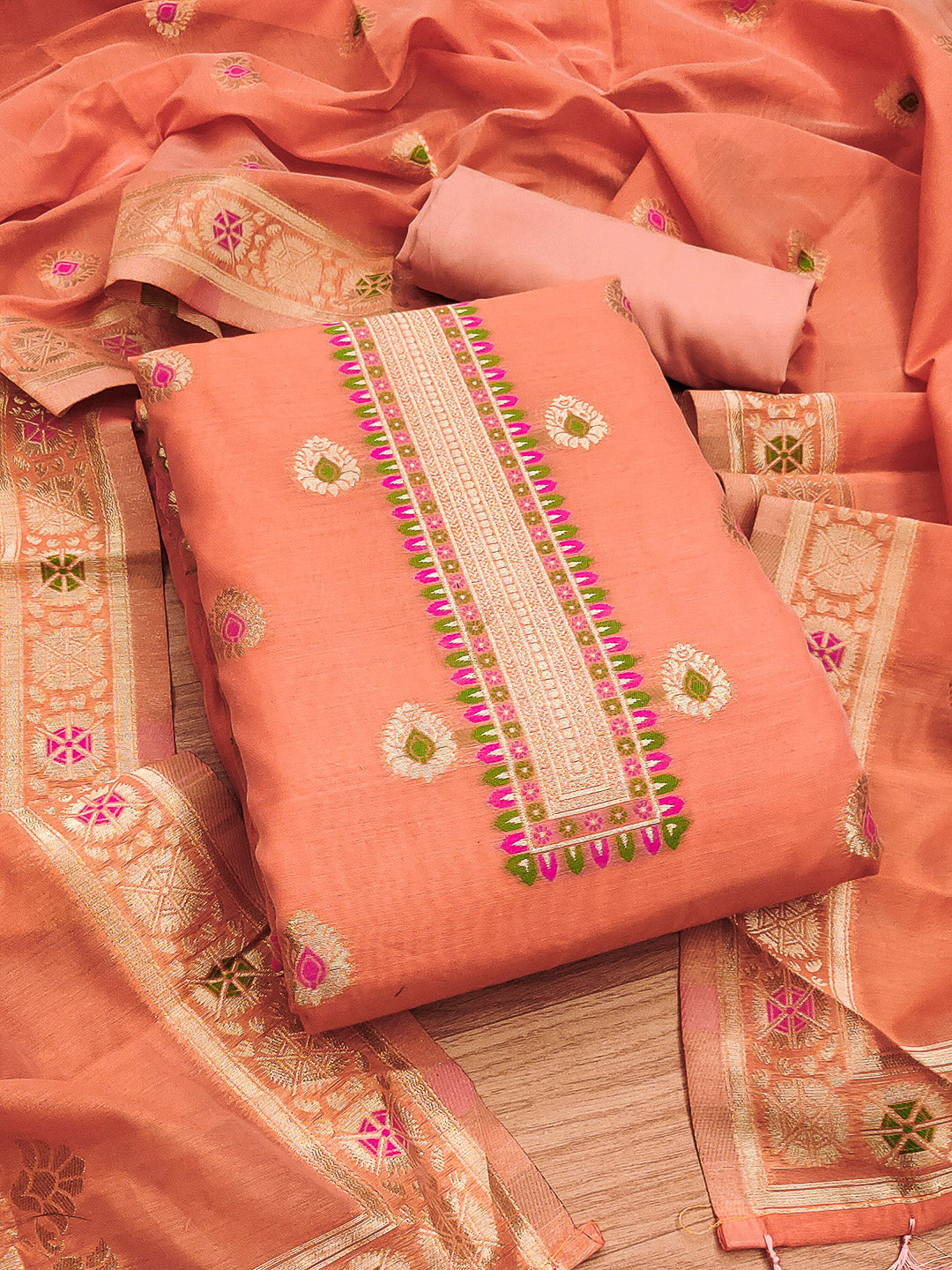 Peach Pure Banarasi Chanderi Woven Design Unstitched Dress Material