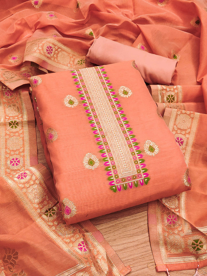 Peach Pure Banarasi Chanderi Woven Design Unstitched Dress Material