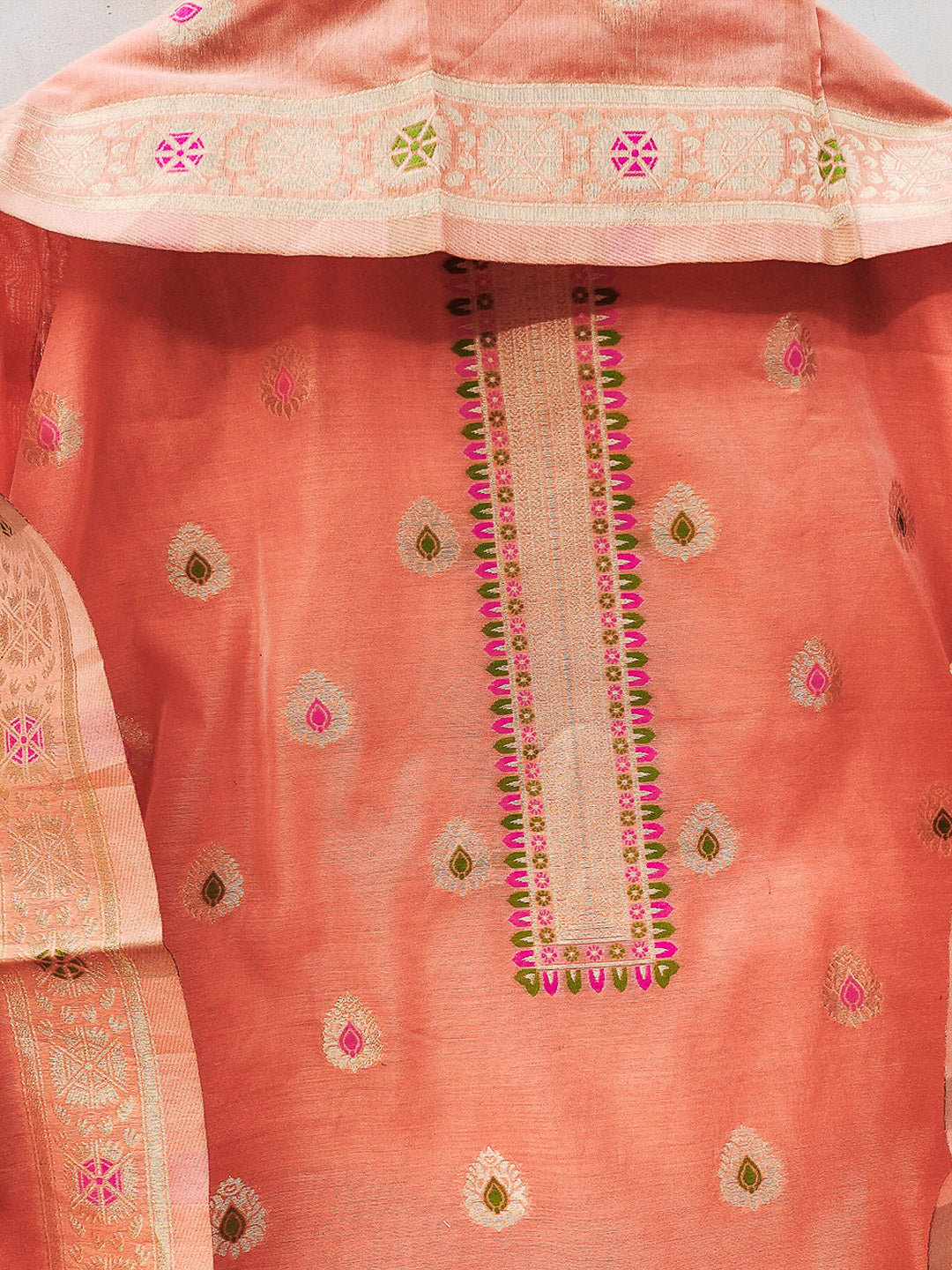 Peach Pure Banarasi Chanderi Woven Design Unstitched Dress Material