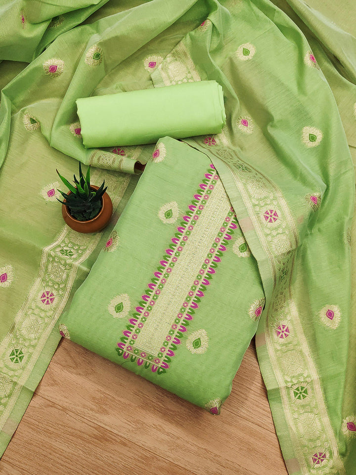 Pista-Green Pure Banarasi Chanderi Woven Design Unstitched Dress Material