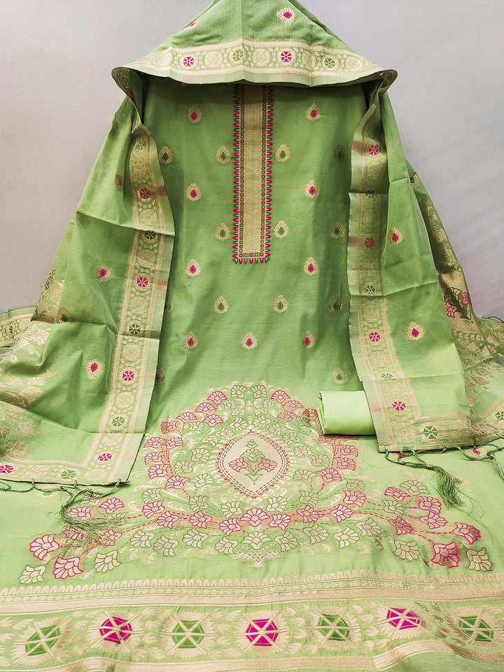 Pista-Green Pure Banarasi Chanderi Woven Design Unstitched Dress Material