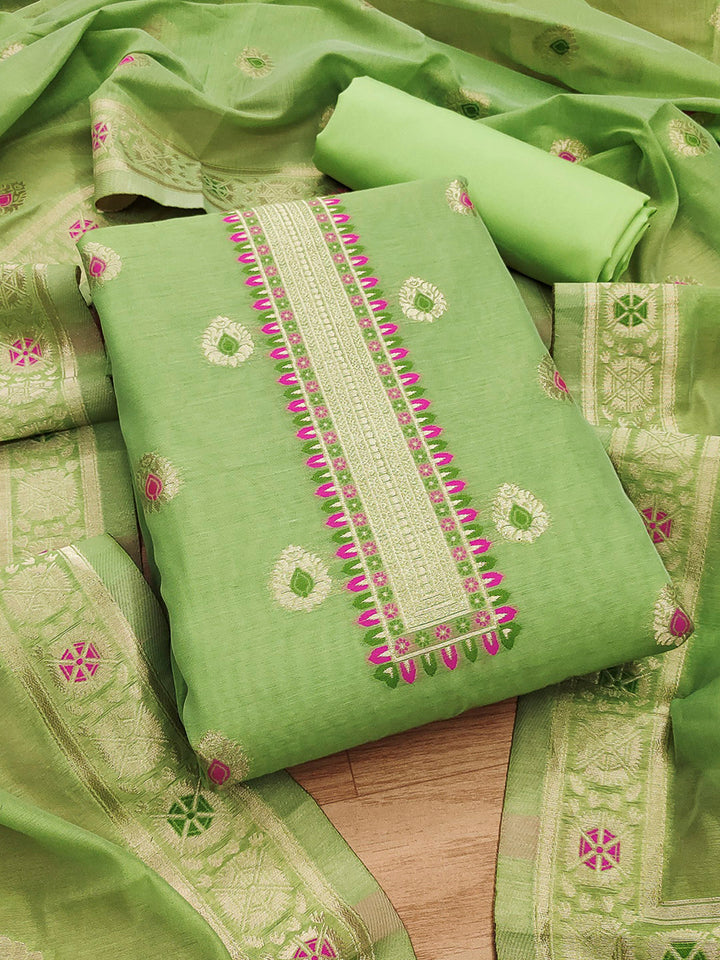 Pista-Green Pure Banarasi Chanderi Woven Design Unstitched Dress Material