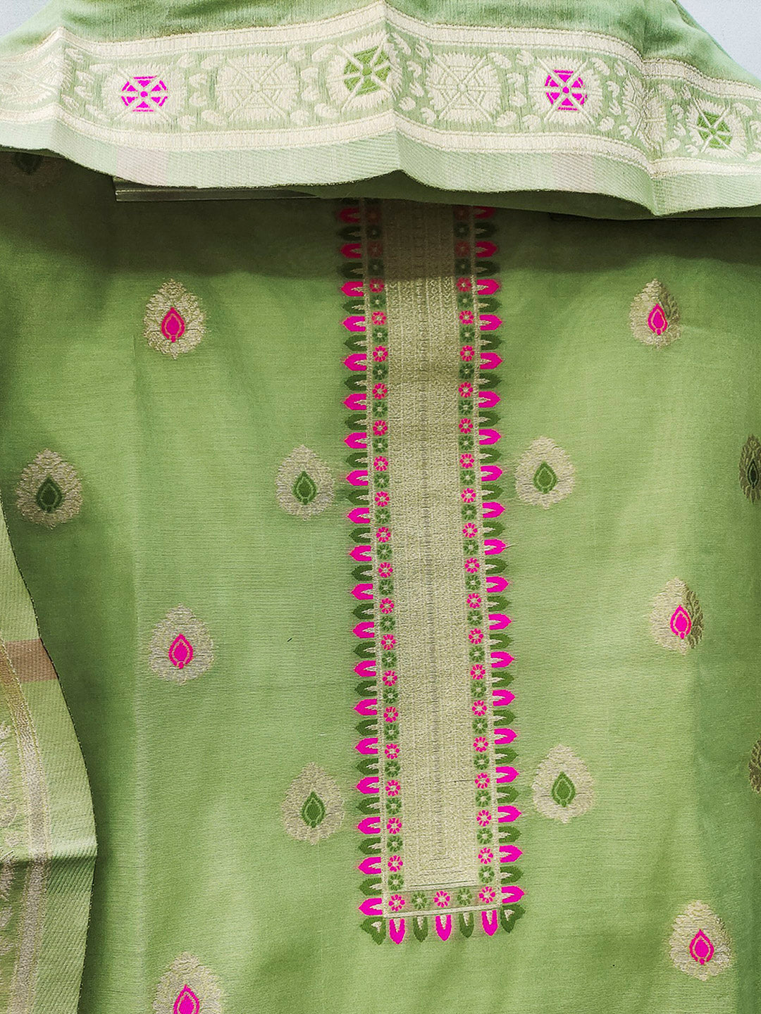 Pista-Green Pure Banarasi Chanderi Woven Design Unstitched Dress Material