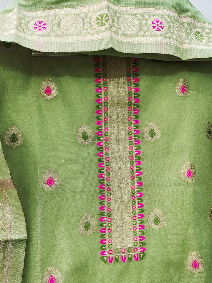 Pista-Green Pure Banarasi Chanderi Woven Design Unstitched Dress Material