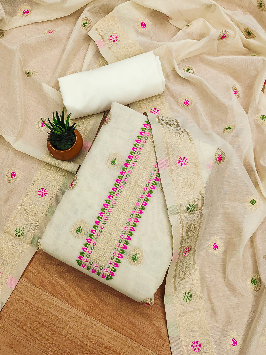 White Pure Banarasi Chanderi Woven Design Unstitched Dress Material
