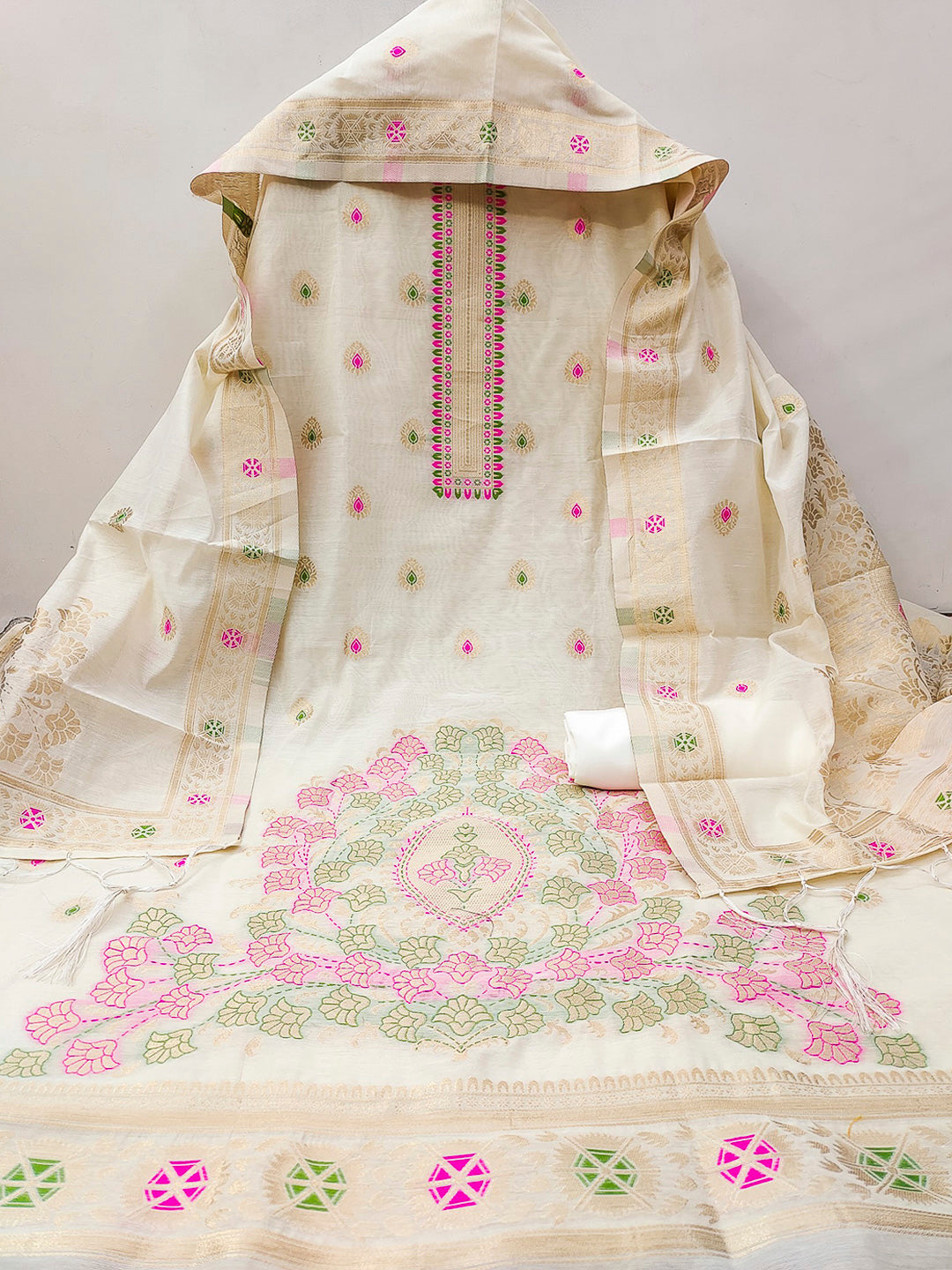 White Pure Banarasi Chanderi Woven Design Unstitched Dress Material