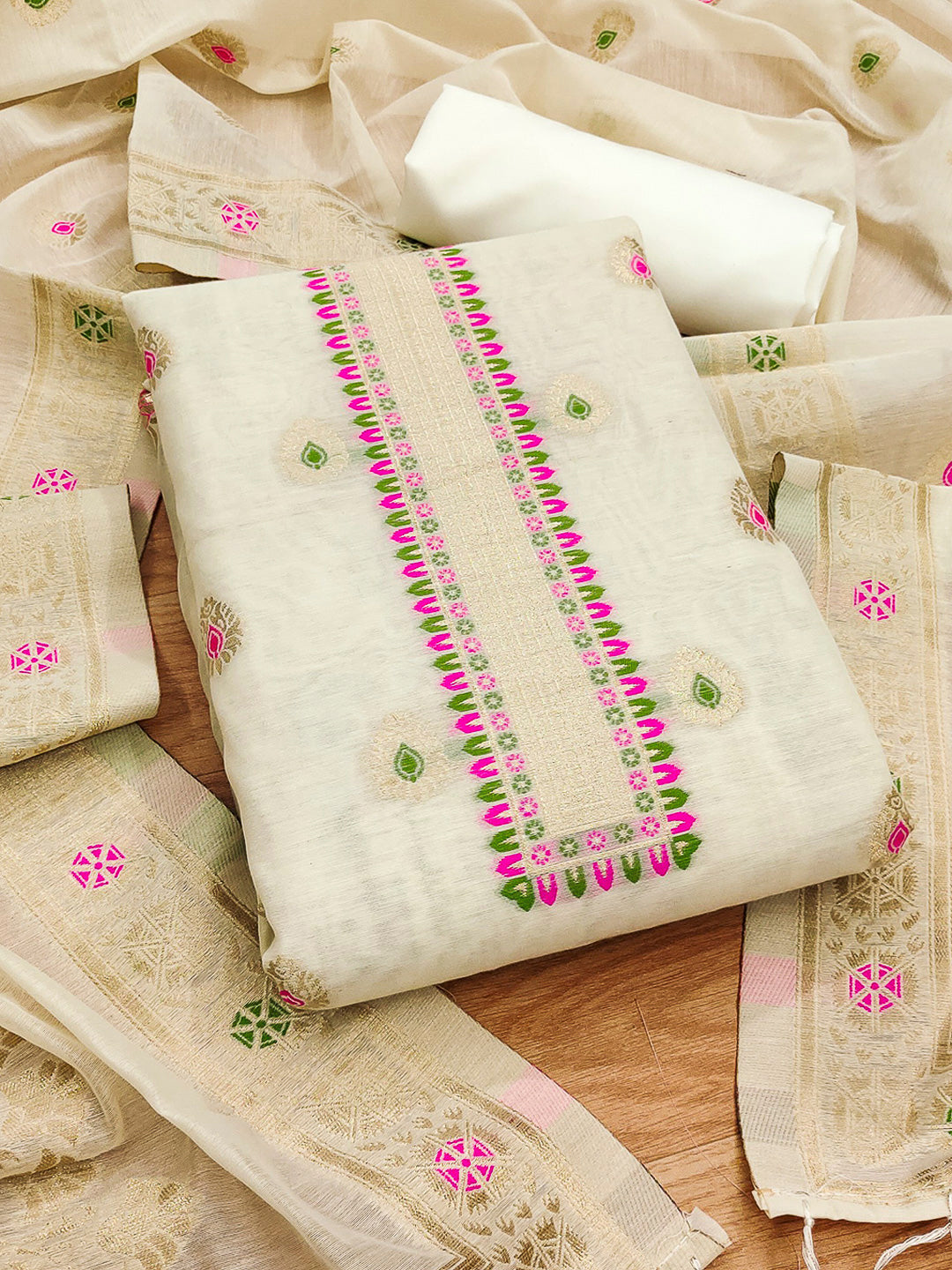 White Pure Banarasi Chanderi Woven Design Unstitched Dress Material