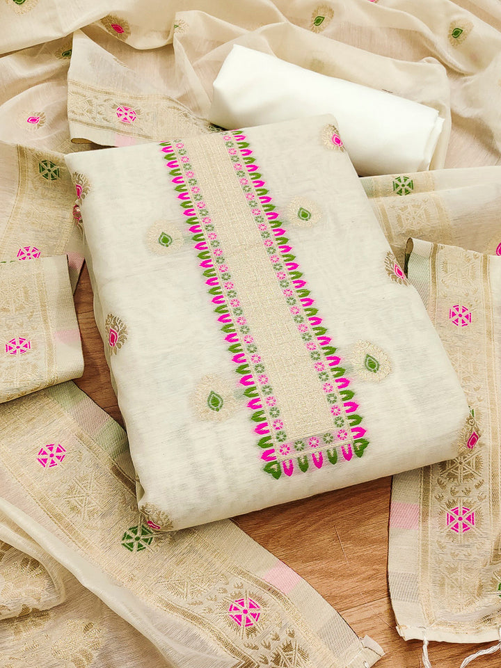 White Pure Banarasi Chanderi Woven Design Unstitched Dress Material
