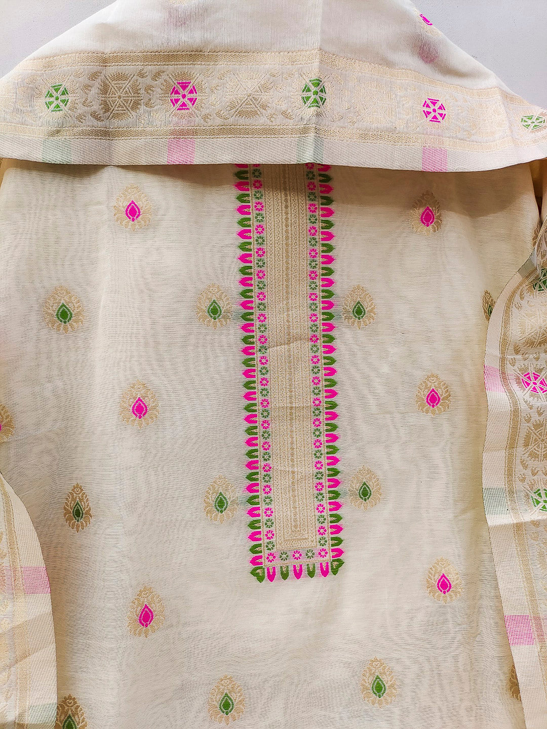 White Pure Banarasi Chanderi Woven Design Unstitched Dress Material