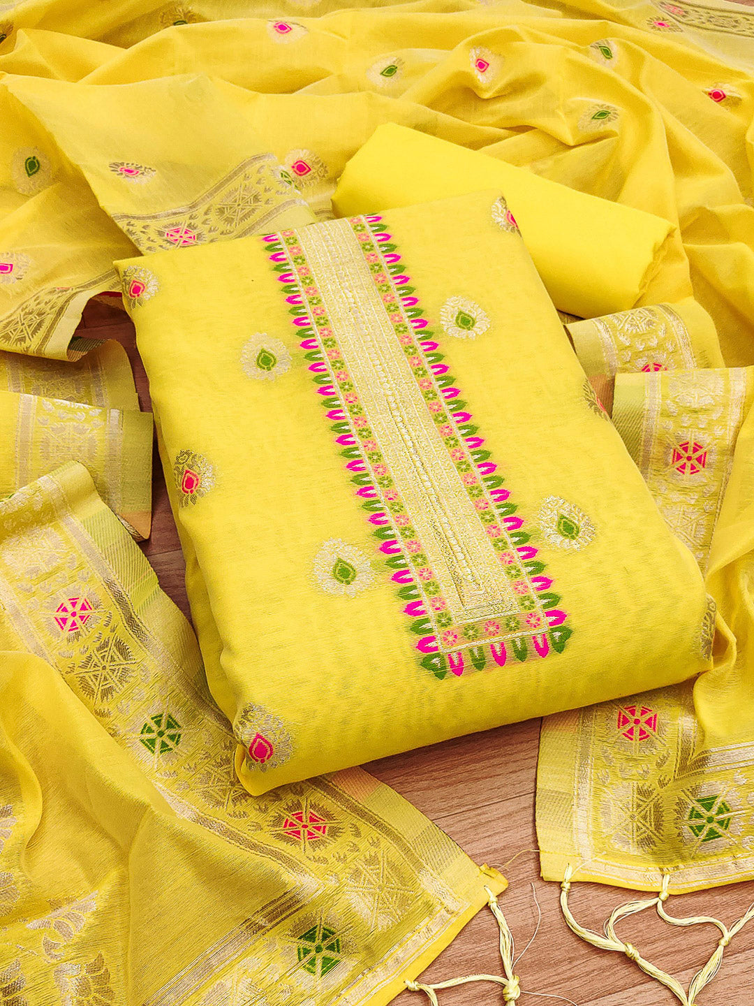 Yellow Pure Banarasi Chanderi Woven Design Unstitched Dress Material