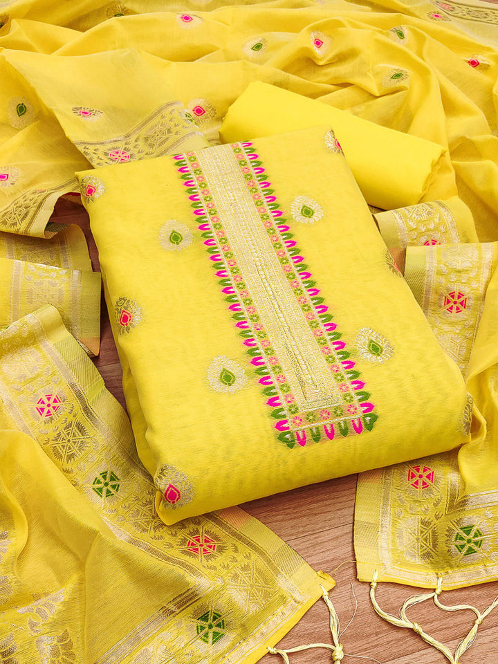 Yellow Pure Banarasi Chanderi Woven Design Unstitched Dress Material